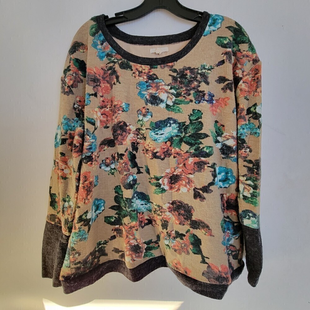ModCloth Tulle Tan Brown Floral Knit Long Sleeve Pullover Wool Blend Sweater Med
